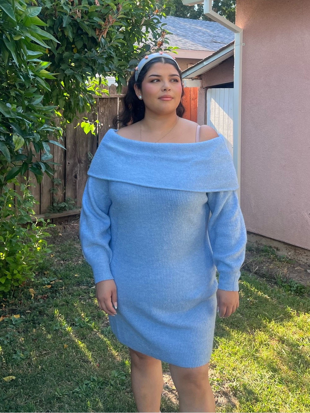 Light Blue Off-Shoulder Knit Sweater Dress